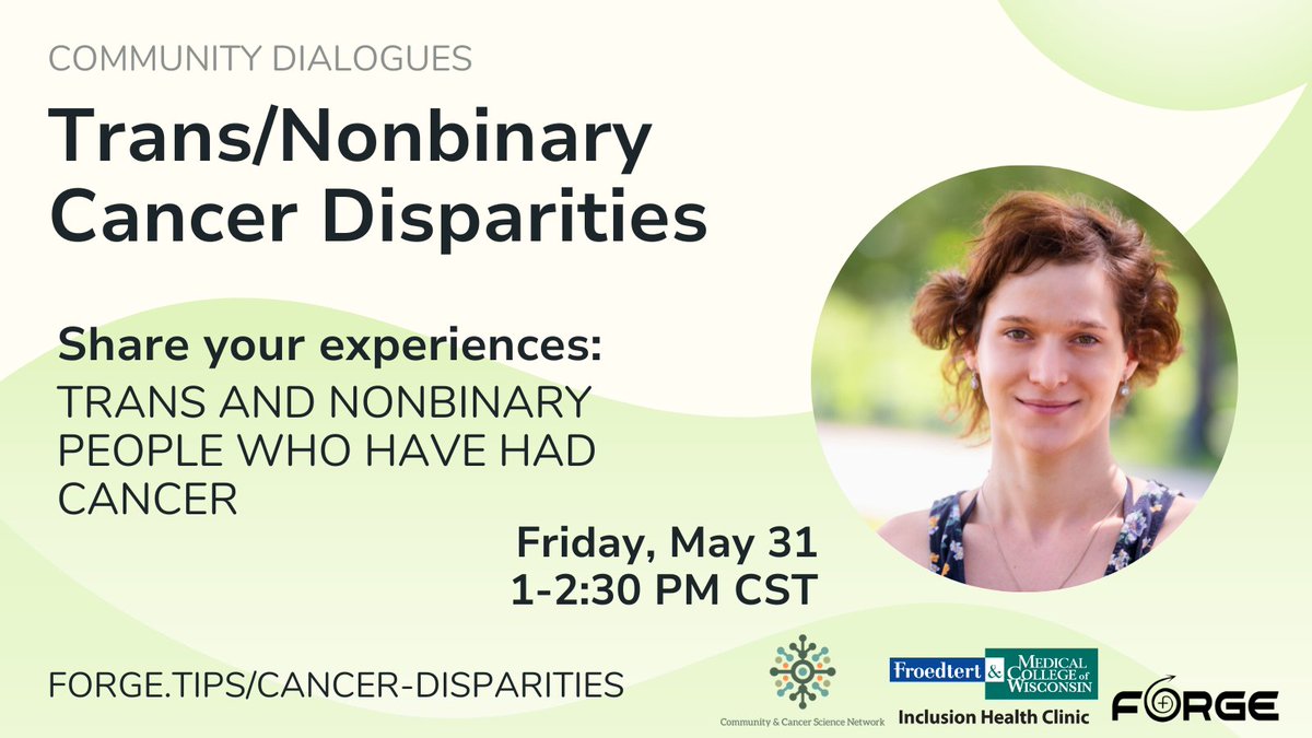 Do you or someone you know identify as trans/nonbinary/gender-diverse, been diagnosed with cancer, and willing to discuss your story? If so, we would love to hear from you! Sign up at: forge-forward.org/cancer-dispari… @FORGEforward @MCWCancerCenter @MedicalCollege @MCWSurgery