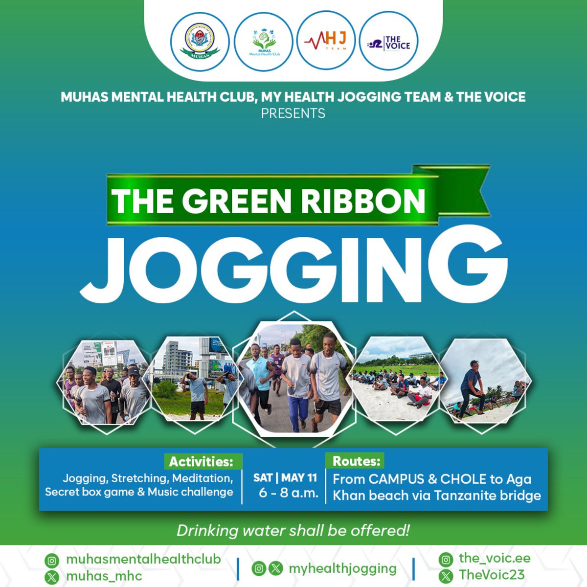 muhas_mhc's tweet photo. #MAY is MENTAL HEALTH AWARENESS MONTH
We present
"THE GREEN RIBBON JOGGING"
A joint jogging between
@muhas_mhc
@myhealthjogging and
@TheVoic23 , Associations running at
@muhimbiliuniver
#OurHealthOurWealth
#MoveforMentalHealth
#HealthMind #FulfiledLife https://t.co/ciXGaYSxnG