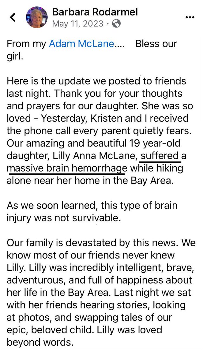 “If you are among the 11.3% of our unvaccinated county residents, you can find a free vaccination site here.”

“Our amazing and beautiful 19 year old daughter Lilly, suffered a massive brain hemorrhage while hiking.”
(May 2023)

Daughter of vax-pusher #diedsuddenly while hiking…