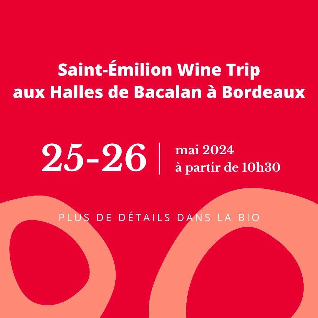 Vins Saint-Emilion (@vinsstemilion) on Twitter photo 🎉 Saint-Emilion Wine Trip avec les 24 Coups de Coeur de la Coupe des Crus de Saint-Emilion les 25&26 Mai aux Halles de Bacalan à Bordeaux. Vous venez ? 🍇✨
#saintemilion #bordeaux #evenement 🎉 Saint-Emilion Wine Trip avec les 24 Coups de Coeur de la Coupe des Crus de Saint-Emilion les 25&26 Mai aux Halles de Bacalan à Bordeaux. Vous venez ? 🍇✨
#saintemilion #bordeaux #evenement