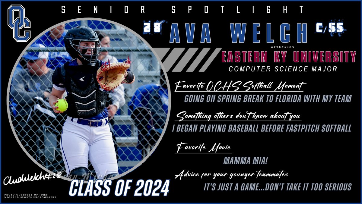 🎓SENIOR SPOTLIGHT ALERT!🎓
#28 @AvaWelch04 💙💙💙

Don’t forget to come support all our Seniors on Senior Night this Tuesday at 5:30p & wear your OC BLUE‼️

💙🥎🔷 #SENIORNIGHT | #WEARBLUE 🔷🥎💙
@OldhamEraSports  @OCColonelNation 
#LadyColonelsSoftball
#WeAreOC