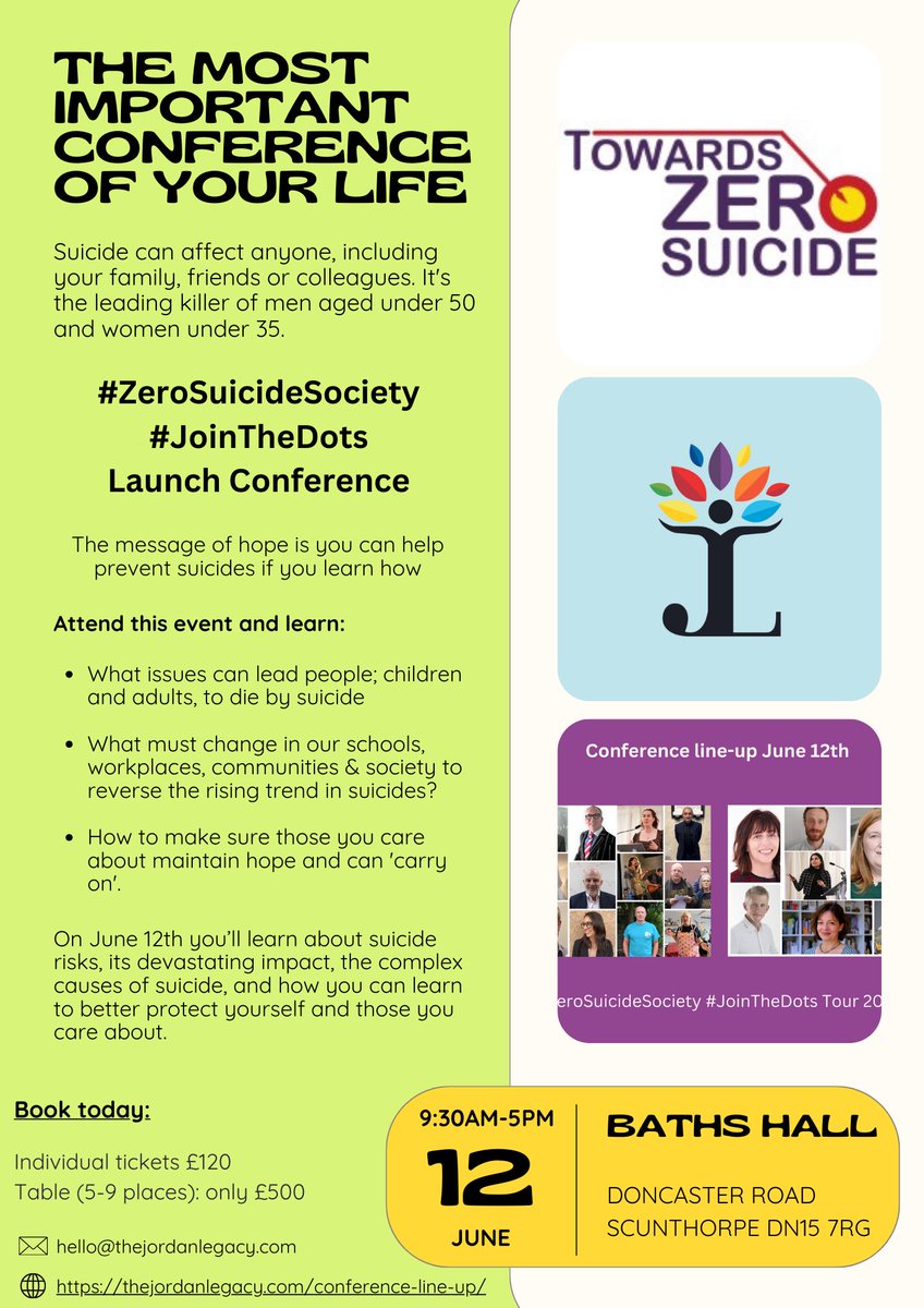Join us @TheBathsHall Wed 12 June to hear from our stunning line-up how we get the (UK) suicide numbers down, towards zero. Tables up to 9 people just £500. Table for a place, eg we have Blackpool, Bury & Wigan, or sector, eg #Construction or issues, eg #gambling? #JoinTheDots