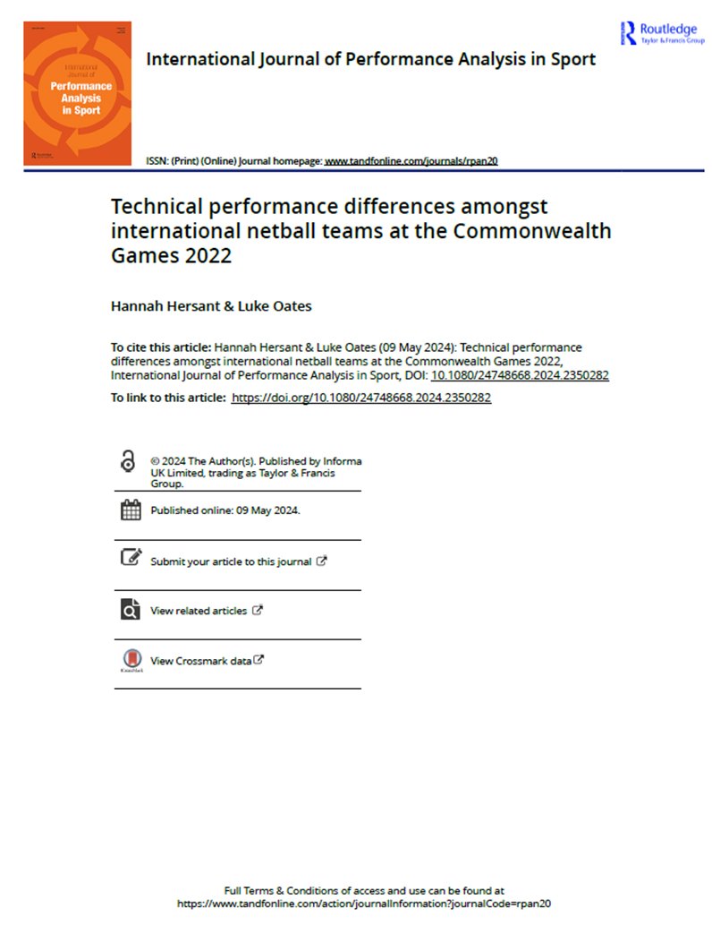 Really pleased to share our paper in which we investigated technical performance differences amongst netball teams in the Commonwealth Games 2022. Also, pleased to have my first, first author publication out! @Luke_Oates92 #netball #performanceanalysis tandfonline.com/doi/pdf/10.108…