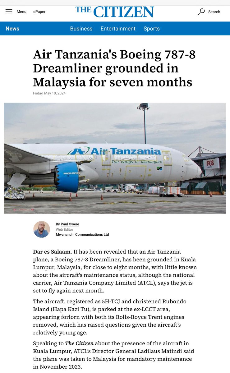 Hebu tuelezeni @AirTanzania na Wakala wa ndege @ikulumawasliano -Ndege ina shida gani huko Malaysia ikae miezi 7? -kwa nini injini zote mbili zimetolewa? Kazi ipo! #TutaelewanaTu Someni hapa: thecitizen.co.tz/tanzania/news/…