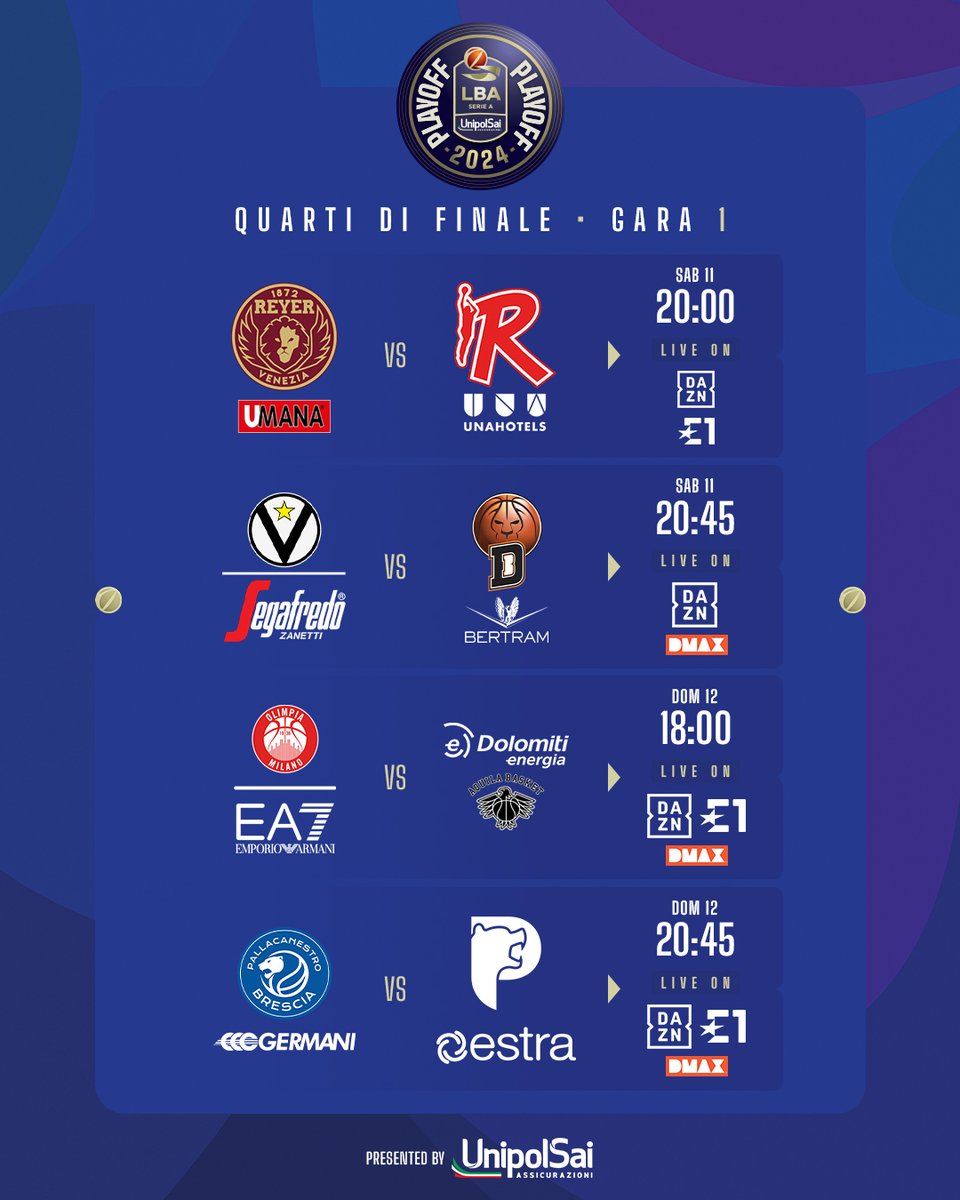 ▶️ SI PARTE Al via domani i #PlayoffLBA @UnipolSai_CRP 2024 🏆 Si parte con @REYER1872 🆚 @PallacReggiana, chiude il programma delle Gare-1 il match tra @GermaniBrescia e @PistoiaBasket 🏀 E tu, per che squadra farai il tifo ❓ #TuttoUnAltroSport