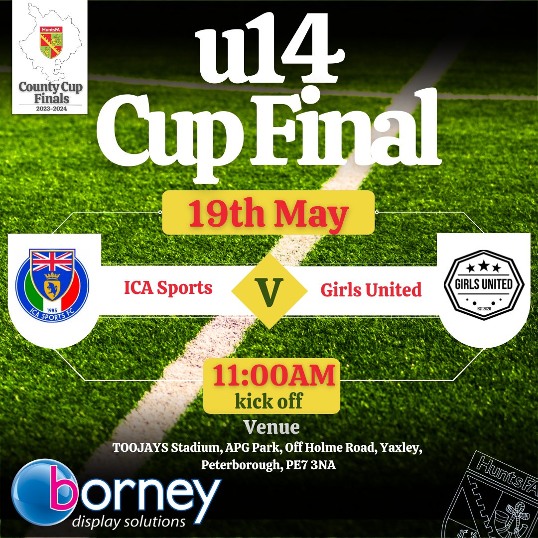Just 24 hours to go before ICA Sports @ICASportsLadies and Girls United @GirlsUnitedFC1 come together for the u14 County Cup Final at the the Toojays Stadium, Yaxley, kick off at 11am. For tickets please follow the link - ticketsource.co.uk/huntingdonshir…