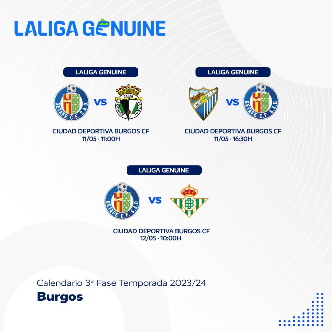 𝐄𝐬 𝐡𝐨𝐲, 𝐞𝐬 𝐡𝐨𝐲 🤗 📝Estos serán nuestros tres encuentros en la 3ª fase de #LaLigaGenuine que arranca este fin de semana en Burgos 💪 ⚫️⚪️ @Burgos_CF 🔵⚪️ @MalagaCF 🟢⚪️ @RBetisFundacion #VamosGetaGenuine