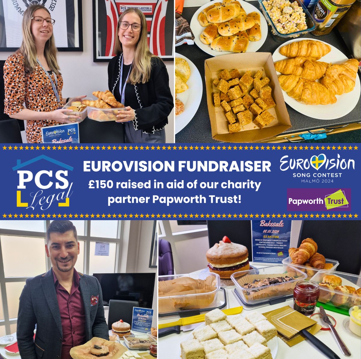 To celebrate the Eurovision final in Sweden, today we've been wearing blue and yellow, and held a sweepstake and European bake sale to fundraise for @Papworth_Trust! 🇸🇪 🥐 We've raised £150 for our charity partner 💸