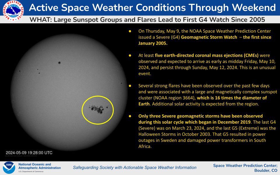 Incoming! NOAA issues a Severe Geomagnetic Storm Watch - the first since January 2005. Warns of possible impacts on power systems. “This is an unusual event.”