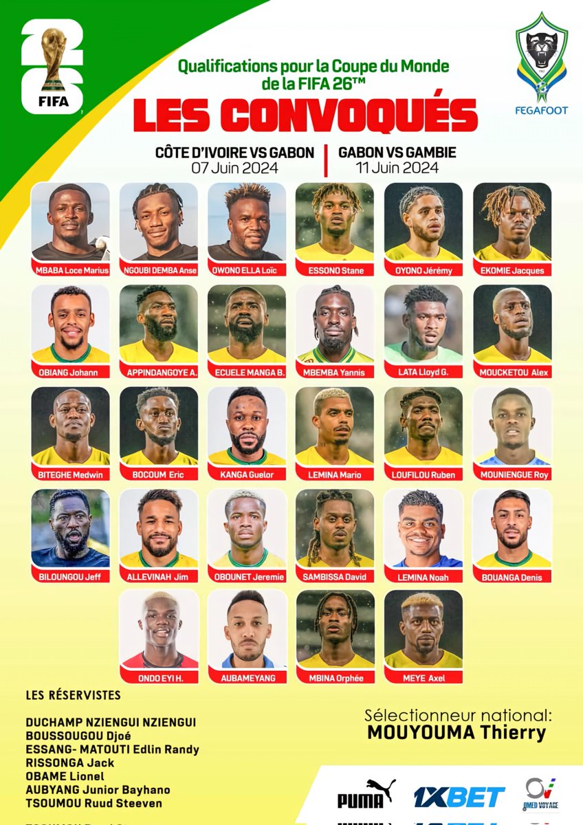Gabon's head coach Thierry Mouyouma names squad for 2026 FIFA World Cup qualifiers against Cote d'Ivoire & The Gambia next month! #WCQ2026
