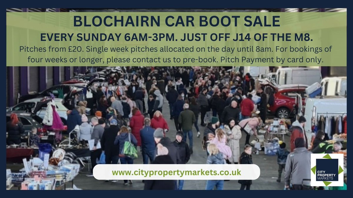Blochairn Car Boot Sale is on every Sunday - pitches priced from £20🚗 citypropertymarkets.co.uk/markets/car-bo…
#CityPropertyMarkets #GlasgowMarkets #Glasgow #CarBoot #CarBootSale #BlochairnCarBoot #Blochairn #WhatsOnGlasgow