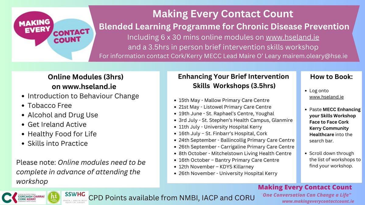 Making Every Contact Count Brief Intervention Skills Workshops available throughout Cork and Kerry Next up 📌 Listowel 21st May 📌 Youghal 19th June 📌St Stephens 3rd July 📌 @hospital_kerry 11th July Register on hseland.ie