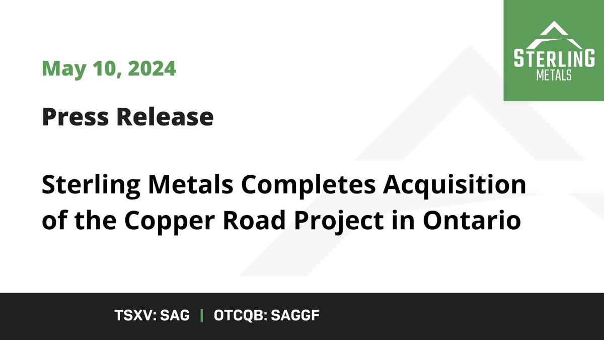 📢 News Release  

Sterling Metals Completes Acquisition of the Copper Road Project in Ontario  

View full release 👉 rb.gy/4s5yre 

$SAG $SAGGF 

#Copper #BaseMetals #Mining #Drilling #Investing