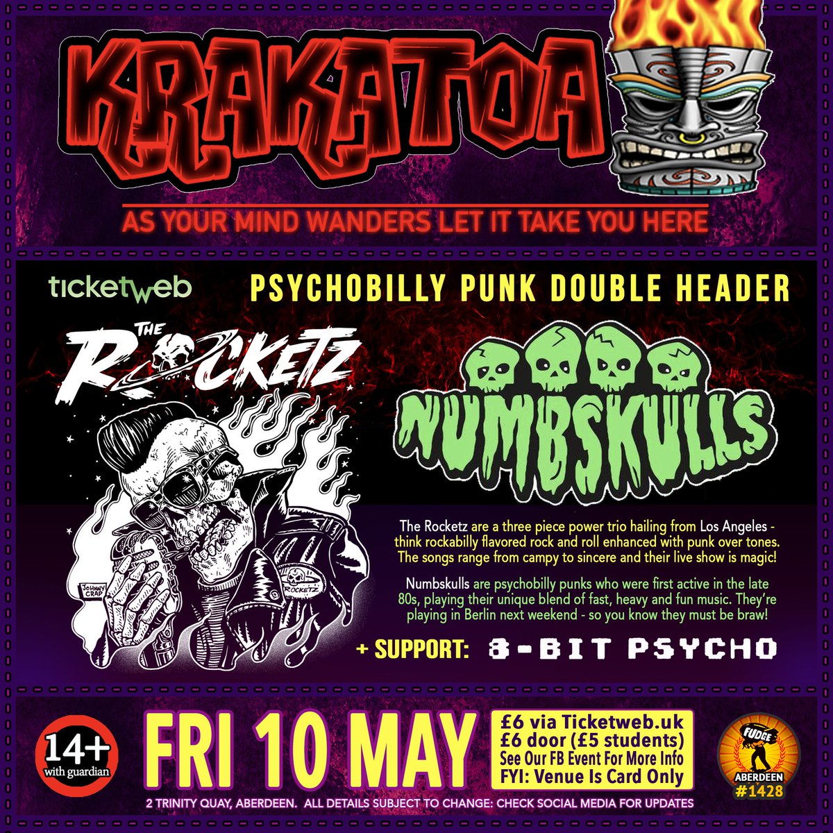 VolcanicTiki's tweet photo. #tonight #aberdeen #krakatoa #tiki #live #music #bands #gig #therocketz #usa #numbskulls #8bitpsycho #volcanictiki #seeninthedeen #neonlounge https://t.co/rpm3PXgoKq