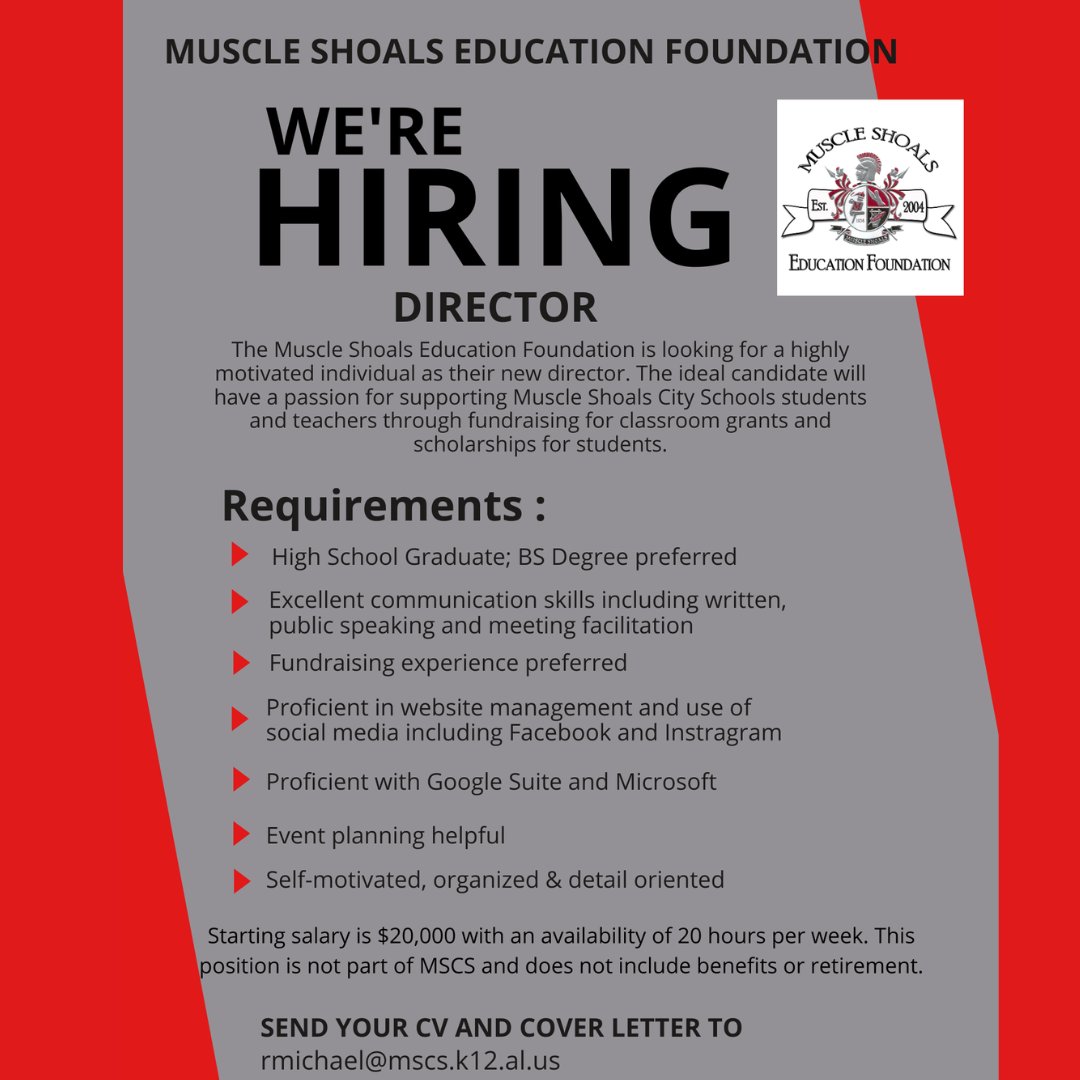 Interested in becoming the Muscle Shoals Education Foundation Director? Look at the post to see the requirements and apply today! If you have any questions, please message us. ⁠
⁠
#muscleshoalseducationfoundation #Hiring #ApplyToday