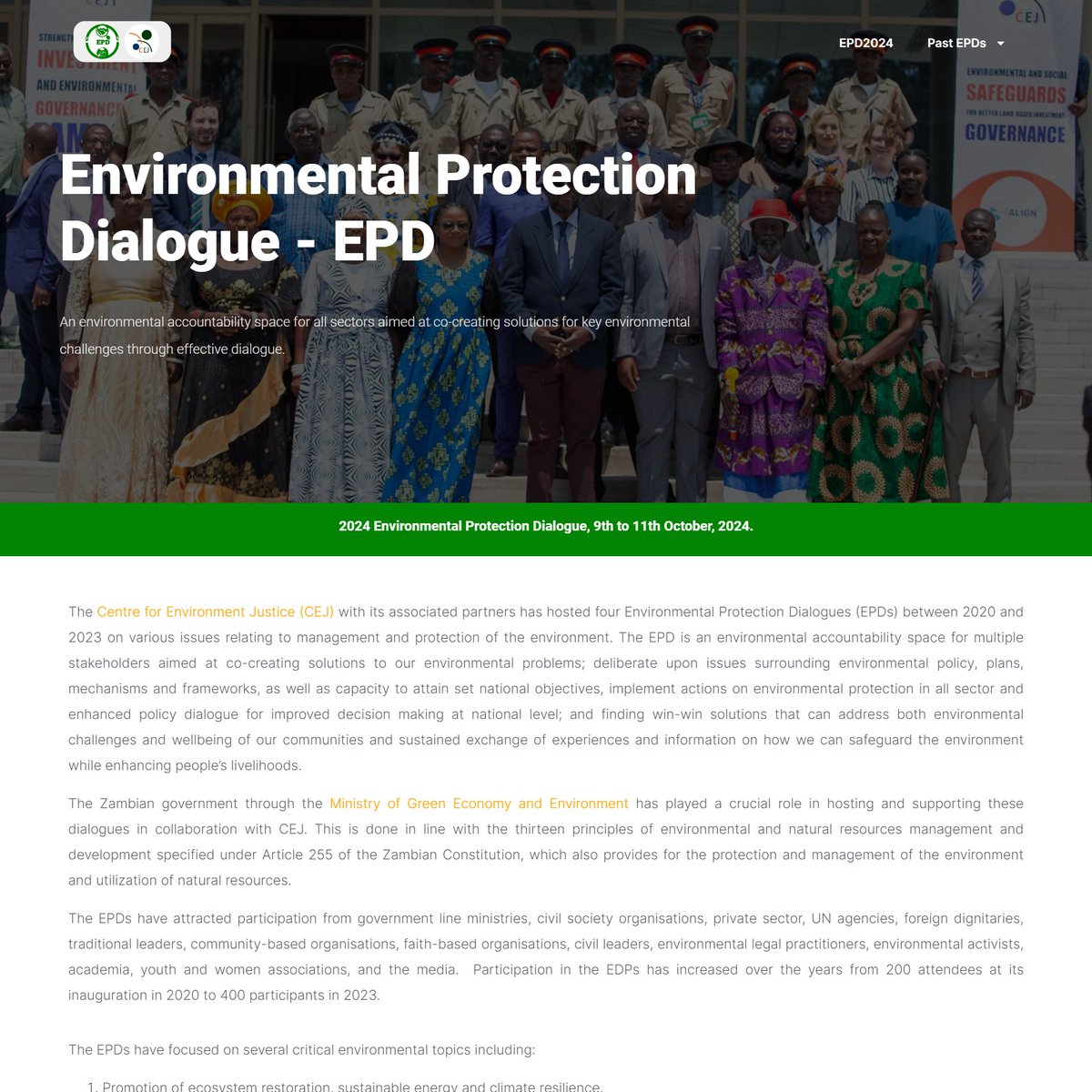 🌍 We are excited to unveil CEJ's Environmental Protection Dialogue (EPD) website! Your go-to hub for EPD-related info, registration, and updates. Visit now! epd.cejzambia.org #EnvironmentJustice #EPD2024