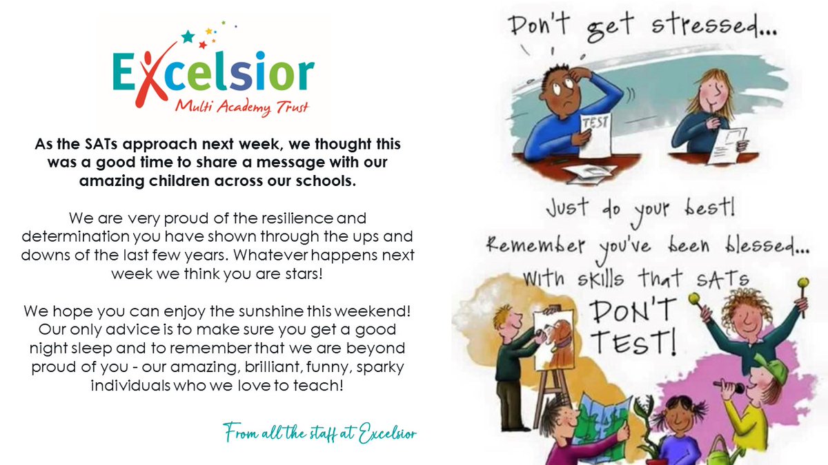 ExcelsiorMAT (@excelsiormat) on Twitter photo To all of our amazing and brilliant Year 6 pupils.
Just get a good night's sleep and do your best!🫶
<a href="/ParkfieldSchool/">@ParkfieldSchool</a> <a href="/Turves_GreenPS/">Turves Green Primary School</a> <a href="/Green_MeadowPS/">Green Meadow</a> <a href="/HightersHeath/">Highters Heath Community School</a> <a href="/HeathMount/">Heath Mount Primary School</a> <a href="/Colmers_FarmPS/">Colmers Farm Primary School</a> <a href="/Thorns_PS/">Thorns_PS</a>
#SATsweek To all of our amazing and brilliant Year 6 pupils.
Just get a good night's sleep and do your best!🫶
<a href="/ParkfieldSchool/">@ParkfieldSchool</a> <a href="/Turves_GreenPS/">Turves Green Primary School</a> <a href="/Green_MeadowPS/">Green Meadow</a> <a href="/HightersHeath/">Highters Heath Community School</a> <a href="/HeathMount/">Heath Mount Primary School</a> <a href="/Colmers_FarmPS/">Colmers Farm Primary School</a> <a href="/Thorns_PS/">Thorns_PS</a>
#SATsweek