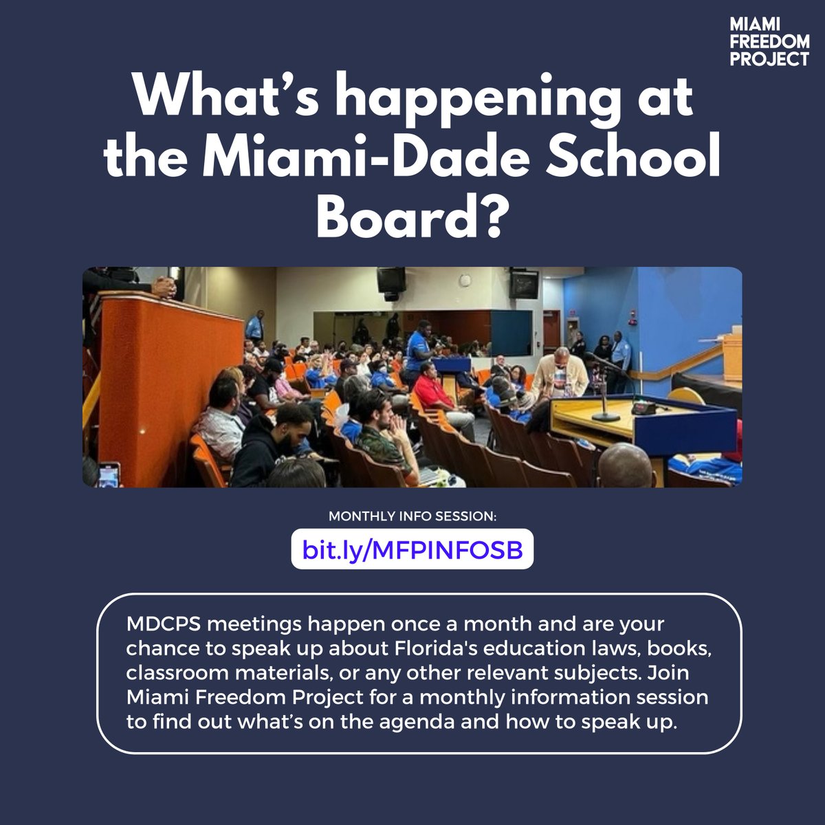 What's happening at the Miami-Dade School Board? MDCPS meetings happen once a month and are your chance to speak up about our education system. We host a monthly info session to discuss the agenda and how to give comment. Next one is this Monday. Join us: bit.ly/MFPINFOSB