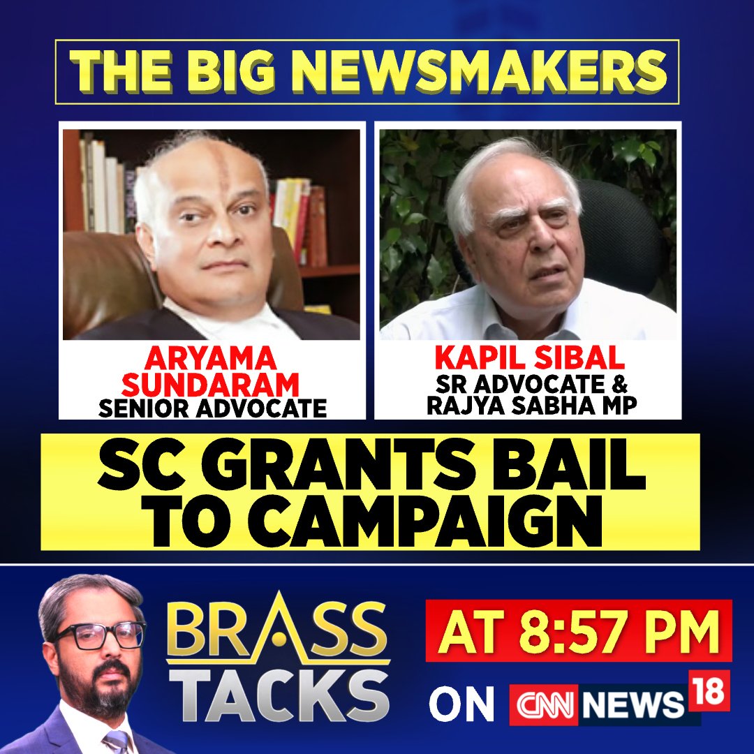 #SupremeCourt grants bail to #ArvindKejriwal for campaign 

Senior Advocate Aryama Sundaram and Sr Advocate &amp; RS MP <a href="/KapilSibal/">Kapil Sibal</a> speak to <a href="/Zakka_Jacob/">Zakka Jacob</a> 

Watch #BrassTacks at 8:57 PM only on CNN-News18