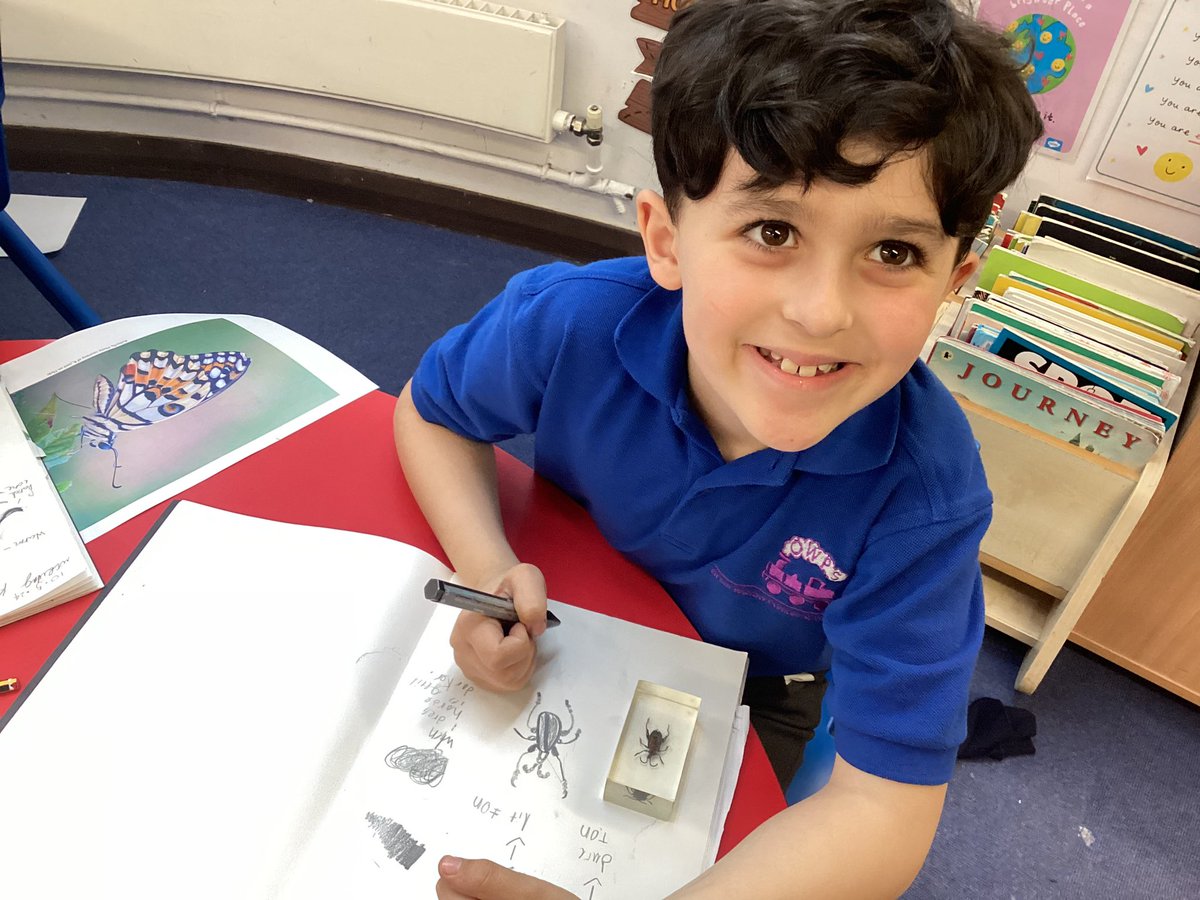 OWPSturtles's tweet photo. This afternoon in art, we continued practising our mark making and observational drawing skills. We used graphite and oil pastels to draw Minibeasts. #OWPSart https://t.co/5N5B5jdLRB