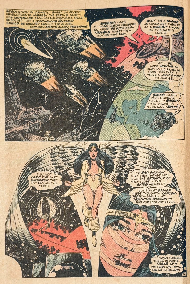 Dropping a full page of Keith Giffen artwork today to highlight not only the installation of the polymer shield around the Earth but also Giffen’s use of Dawnstar’s wings in the bottom half for a dynamic panel design. Legion of Super-Heroes #288 (1982) #LongLiveTheLegion