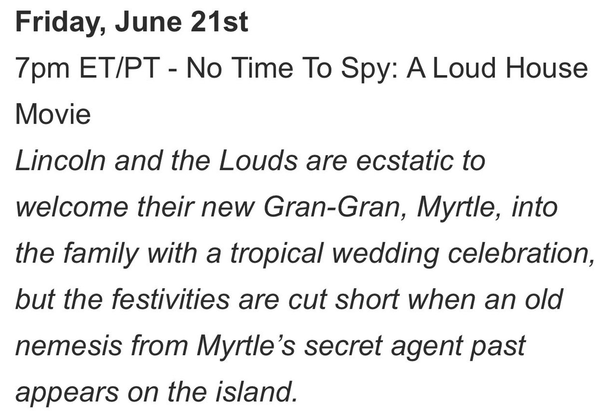 We have an OFFICIAL release date for 'No Time to Spy', Loud House fans! JUNE 21 🥳🥳🥳 Mark your Calendars! #TheLoudHouse #NoTimeToSpy #NoTimeToSpyALoudHouseMovie Source: justjaredjr.com/2024/05/09/nic…