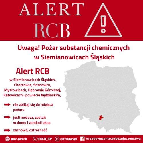 [ALERT RCB]⚠️ Uwaga! Pożar substancji chemicznych w Siemianowicach Śląskich 🔥 Mieszkańcy Chorzowa, Sosnowca, Mysłowic, Dąbrowy Górniczej, Katowic i powiatu będzińskiego ⤵️ #WojewództwoŚląskie #AlertRCB @RCB_RP