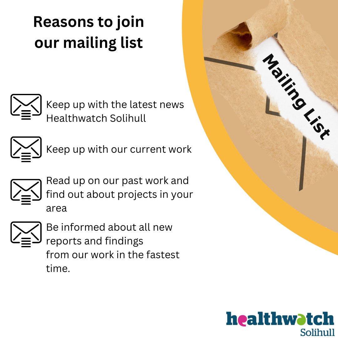 📷Sign up to our mail-list
keep up to date with everything we do in Solihull
sign up here:
healthwatchsolihull.org.uk/.../sign-up-to…...