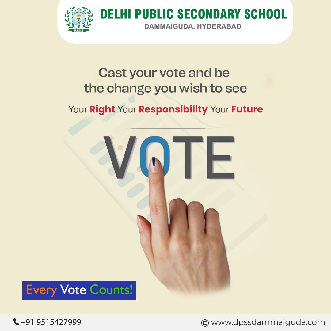 Voting is not just a right, it's a responsibility. Let's exercise it wisely.
.
.

#ElectionDay #Election2024 #VotingDay #YourVoteMatters #DemocracyInAction #dpsdammaiguda #Dammaiguda #DPSSchools #Hyderabad #bestchool #studentsuccess