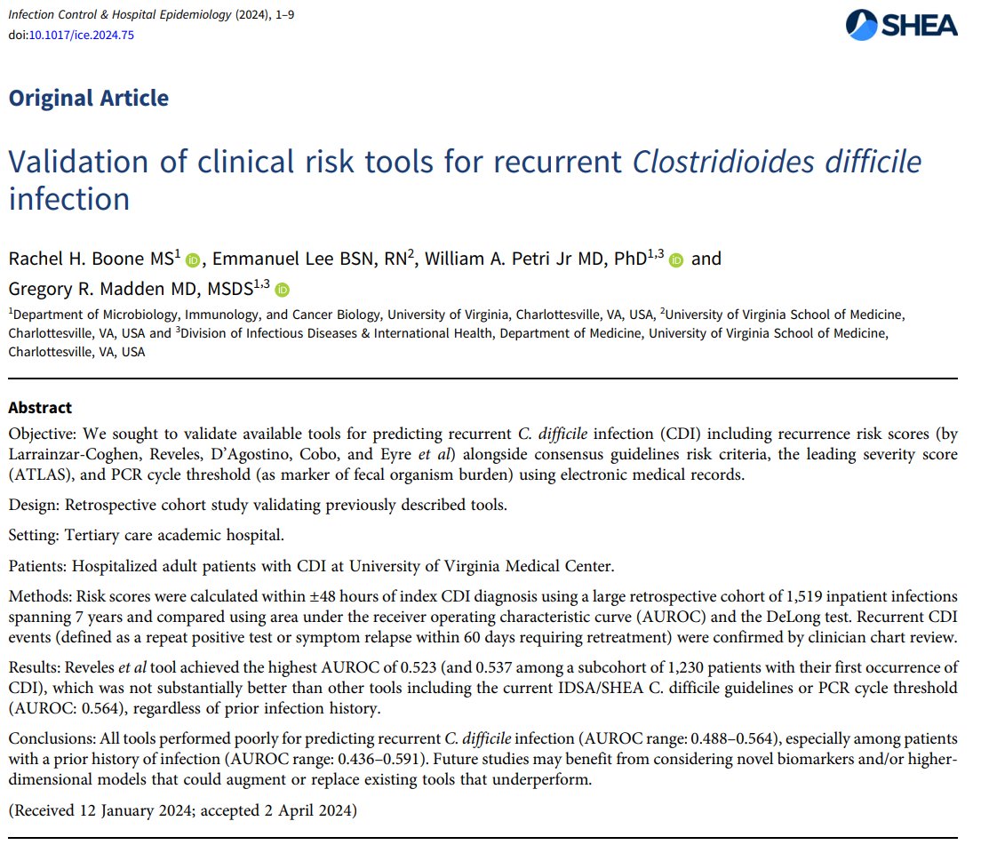 New from authors at @UVA_ID, @UvaDOM Do you know which patients to prioritize for costly new anti-recurrent C. difficile treatments? This study by Boone et al. showed that rCDI risk tools are not much better than chance! 📄: doi.org/10.1017/ice.20…