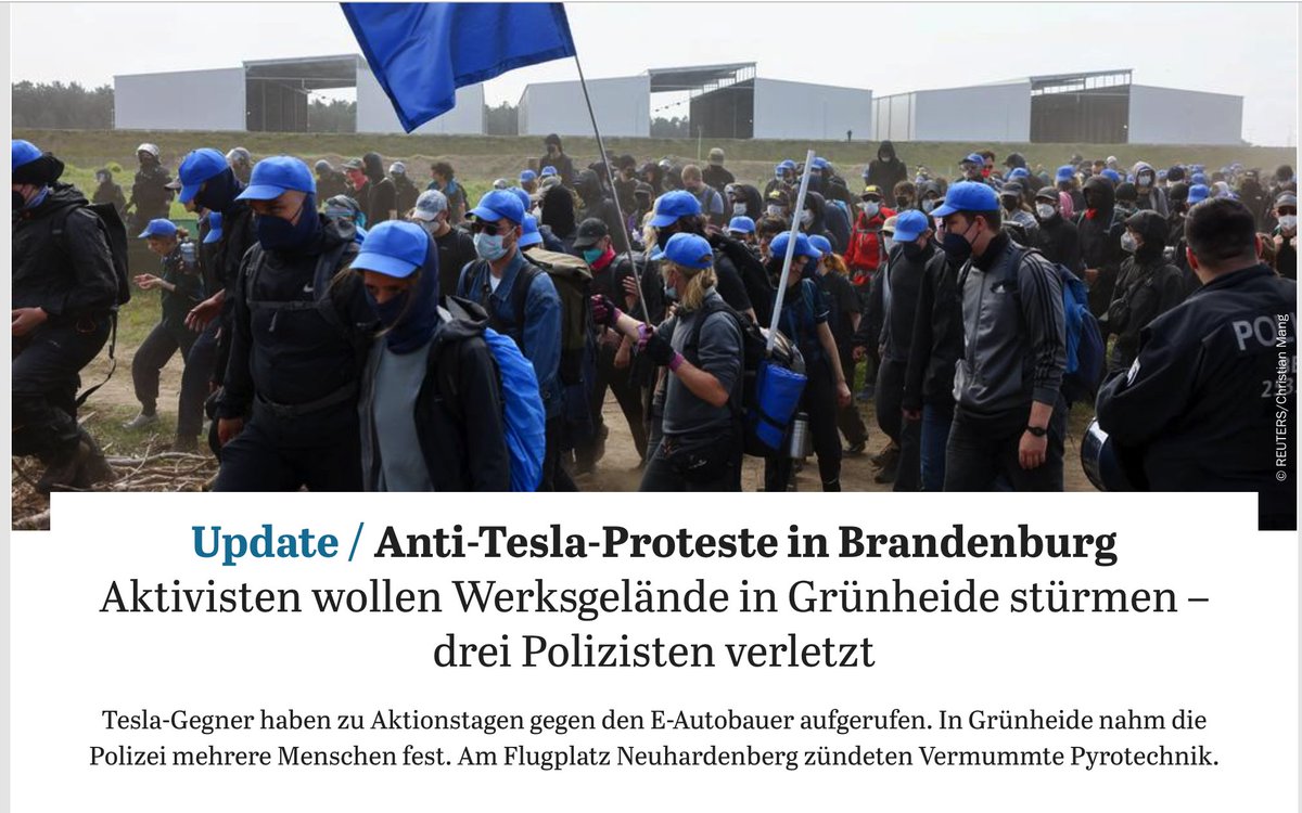 Anyone who, like #Tesla, still invests in Germany, not only faces excessive bureaucracy and immense energy costs but also ideologized extremists, euphemistically referred to as "activists" by the media. This is the new "Made in Germany" under the "Ampel government". #AfD
