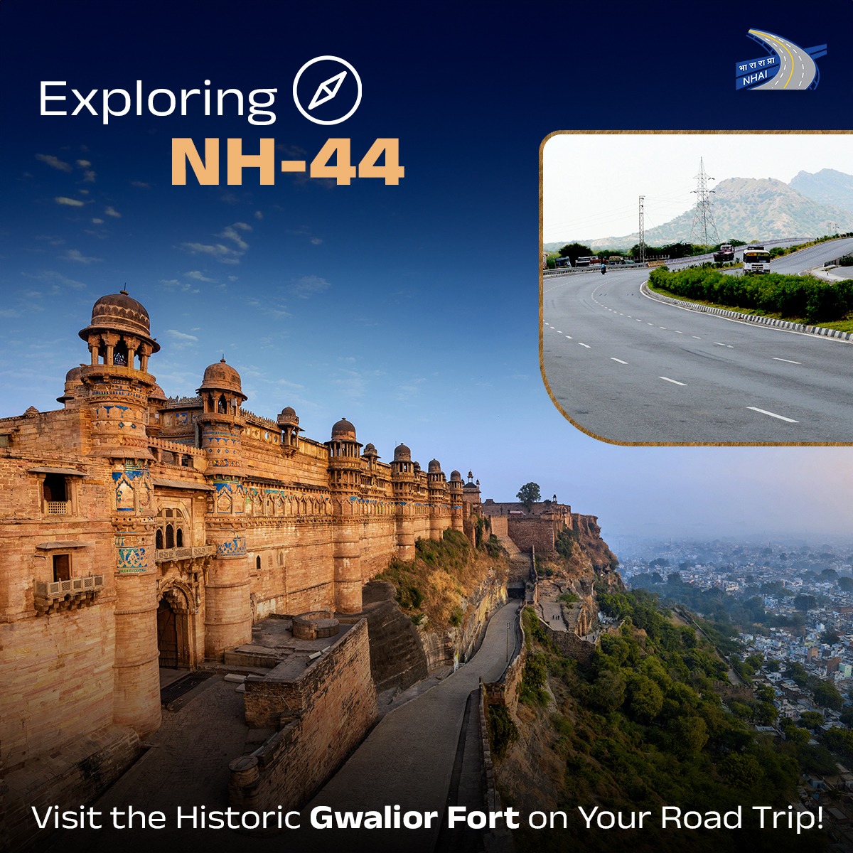 NH-44 passing through #Gwalior in #MadhyaPradesh provides easy access to the iconic Gwalior Fort, known for its architecture, history, and strategic location. Share with us any other iconic structure you have explored next to an NH in the comments section below. #NHAI