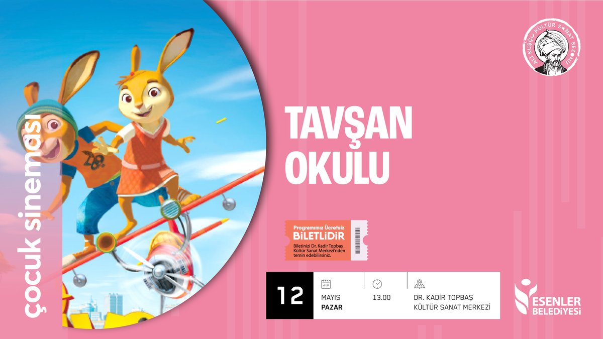 Afacan tavşan Leo, tilkileri şehirden kovmak için zor bir işe koyulur... 🐰 'Tavşan Okulu' çocuk sineması, yarın 13.00'te Dr. Kadir Topbaş Kültür Sanat Merkezi'nde. 📌Etkinlik, 6-14 yaş arası çocuklar içindir. 📌Salona ebeveynler alınmayacaktır.