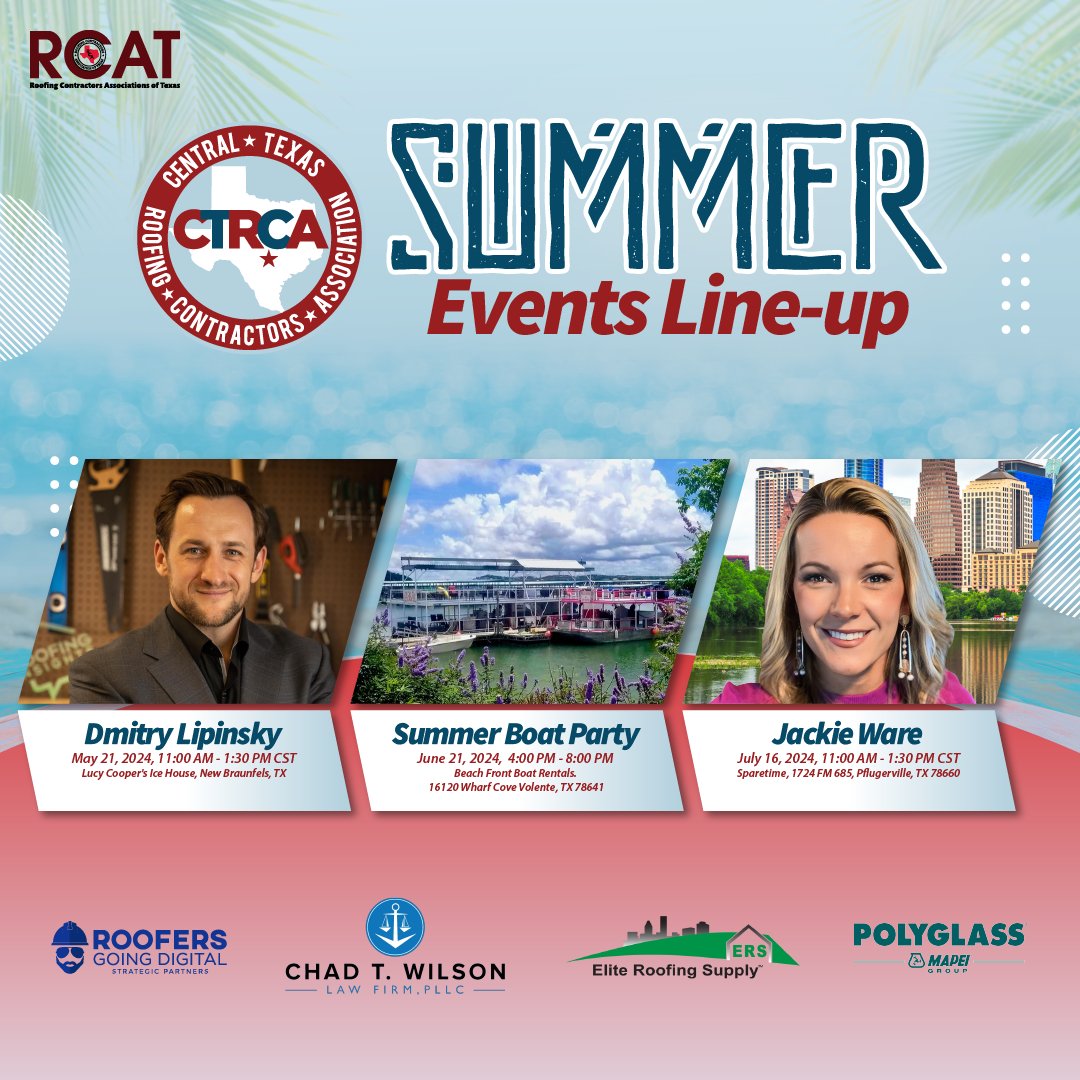 Our lineup includes Dmitry Lipinskiy's insightful Lunch and Learn in May, a vibrant boat party in June, and Jackie Ware in July.

Register for our upcoming events and connect with industry leaders! hubs.ly/Q02wCksP0

#LunchandLearn #ContractorAssociation #RoofingContractors