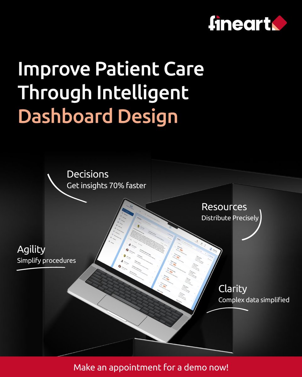 Enhance patient care with intelligent dashboard design: simplify complex data, accelerate insights by 70%, streamline procedures, and optimize resource distribution—book a demo now! 
fineartdesign.agency/data-visualiza…
#HealthcareIT #DashboardDesign #PatientCare