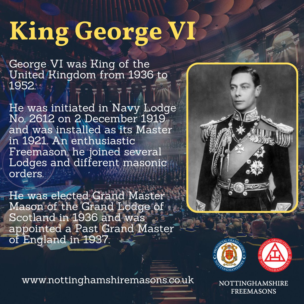 George VI was King of the United Kingdom from 1936 to 1952. George VI was initiated in Navy Lodge No. 2612 on 2 December 1919 and was installed as its Master in 1921. Learn More and Join Us nottinghamshiremasons.co.uk/becoming-a-fre… #Freemasons