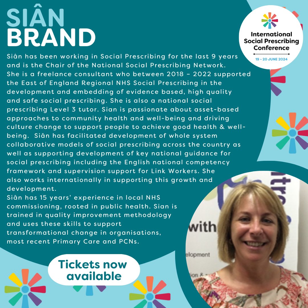 Siân Brand has 15 years’ experience in local NHS commissioning and is Chair of the Social Prescribing Network, (@SocialPrescrib2). See the full list of speakers for the International Social prescribing Conference and get tickets now: ow.ly/6KkK50RAjVR @SianB23