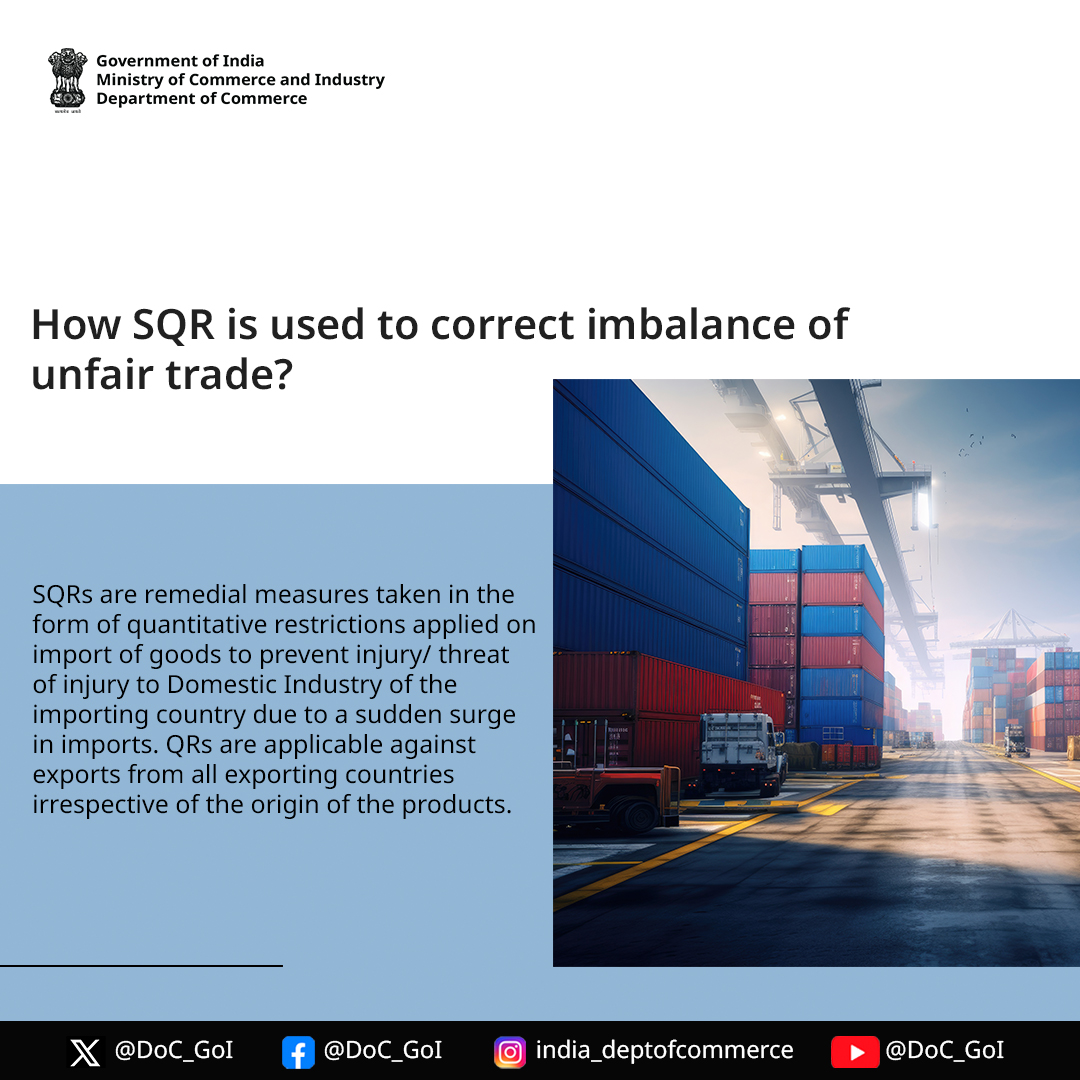 DoC_GoI's tweet image. Balancing the scales of trade with SQRs! Safeguard Quantitative Restrictions help manage the volume of goods entering our markets, ensuring that domestic industries thrive without the disruption of sudden import surges. 📦 #TradeBalance #EconomicProtection #DocGoI