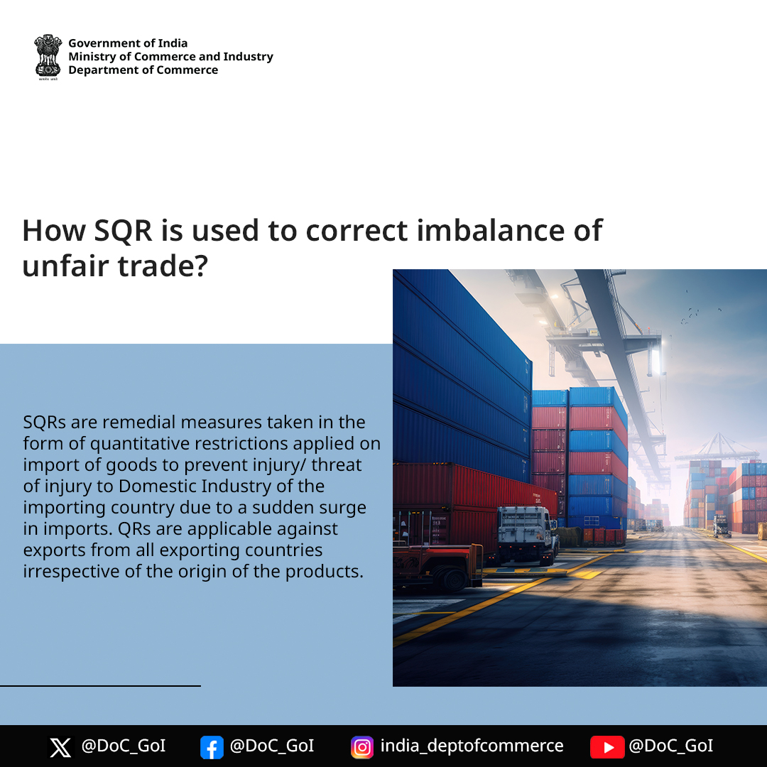 Balancing the scales of trade with SQRs! Safeguard Quantitative Restrictions help manage the volume of goods entering our markets, ensuring that domestic industries thrive without the disruption of sudden import surges. 📦 #TradeBalance #EconomicProtection #DocGoI