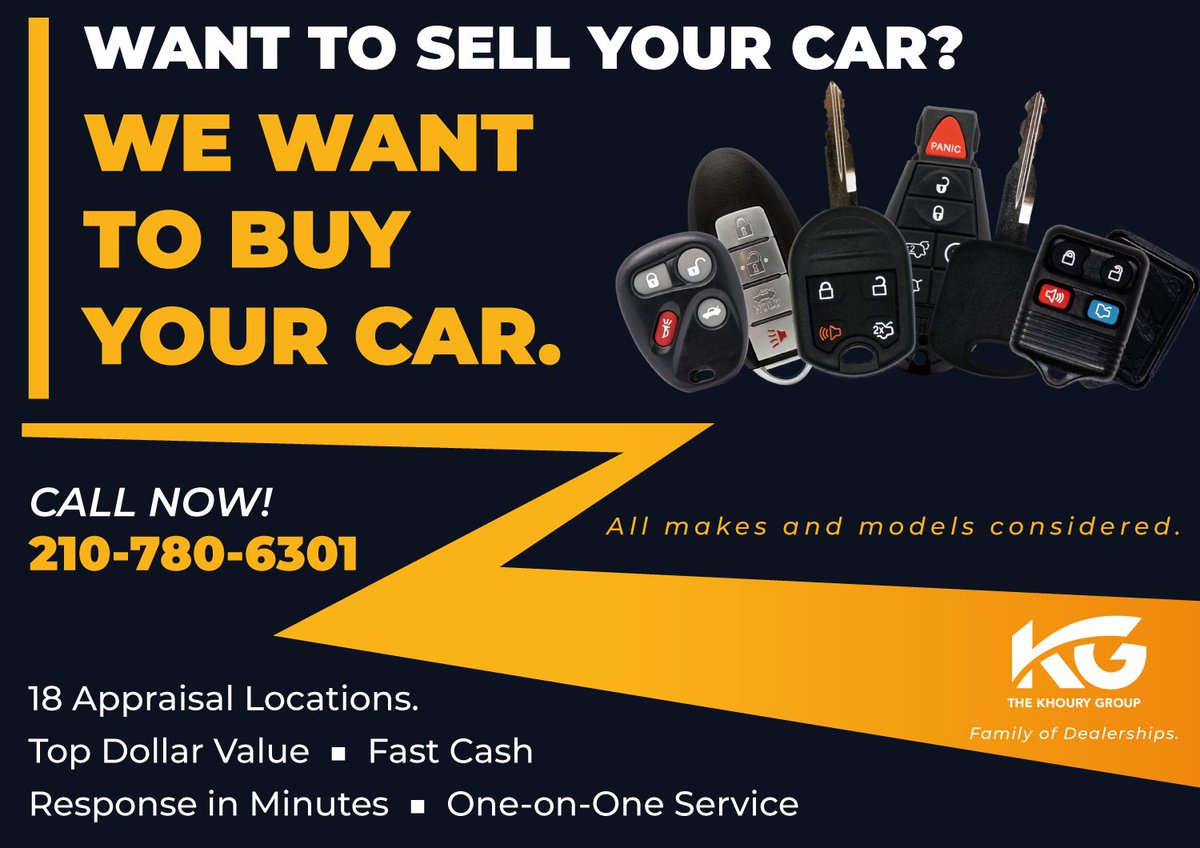 Want to sell your car? We want to buy your car! 

We have 18 appraisal locations and all makes and models are considered. Call us at (210) 780-6301!

#webuycars #sellyourcar #thekhourygroup #appraisal