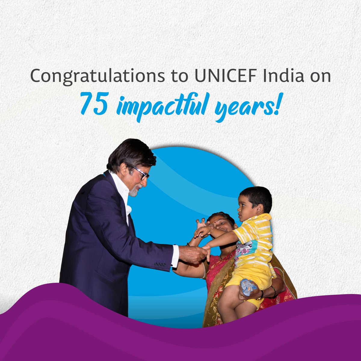SrBachchan's tweet photo. T 5007 - 75 years of #UNICEFwithIndia ! What a significant milestone for an organization that has meant so much to me ..

I’m filled with pride knowing the success they have achieved along with the Goverment of India and its partners ..

Together, we can and will achieve so much more ..

#ForEveryChild
#UNICEFwithIndia @UNICEFIndia