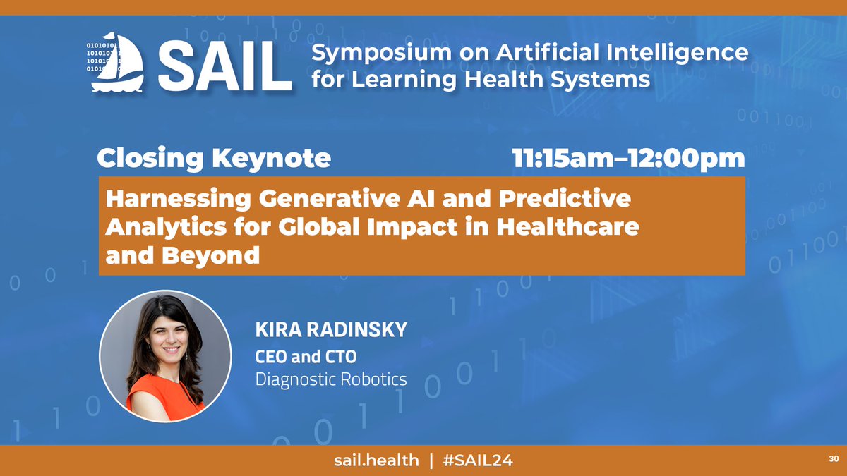 Join the #SAIL24 Closing Keynote livestream TODAY 11:15am: 'Harnessing Generative AI and Predictive Analytics for Global Impact in Healthcare and Beyond' Dr. Kira Radinsky, CEO/CTO @DiagnosticRobo bit.ly/sail-24