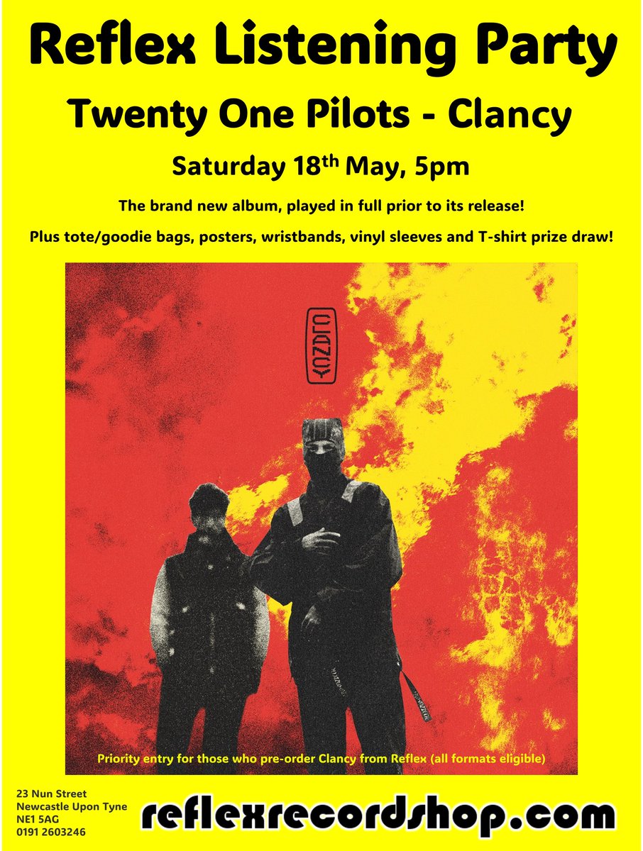 Due to demand, our @twentyonepilots listening party will be a wristbanded event. As our shop only holds 50 people, priority will be given to those who pre-order Clancy from Reflex. We'll provide a further update if spaces remain on Tuesday. Pre-order: reflexrecordshop.com/product/63479/…