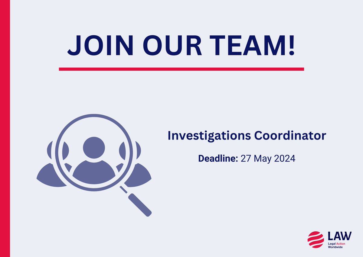 📢LAW seeks an Investigations Coordinator to manage survivor-centered investigations and work closely with our Head of Litigation on core international crimes & human rights violations. 📍Based in NY or Geneva. Apply now! 👇legalactionworldwide.org/investigations… #LegalJobs #HumanRights