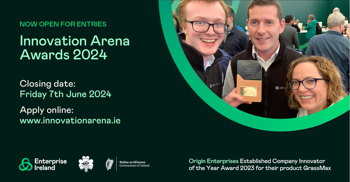Applications are now open for Enterprise Ireland’s 2024 Innovation Arena Awards in partnership with @NPAIE. Short-listed applicants will be invited to showcase their agri solutions at the Innovation Arena from 17 -19 September 2024. Find out more: innovationarena.ie