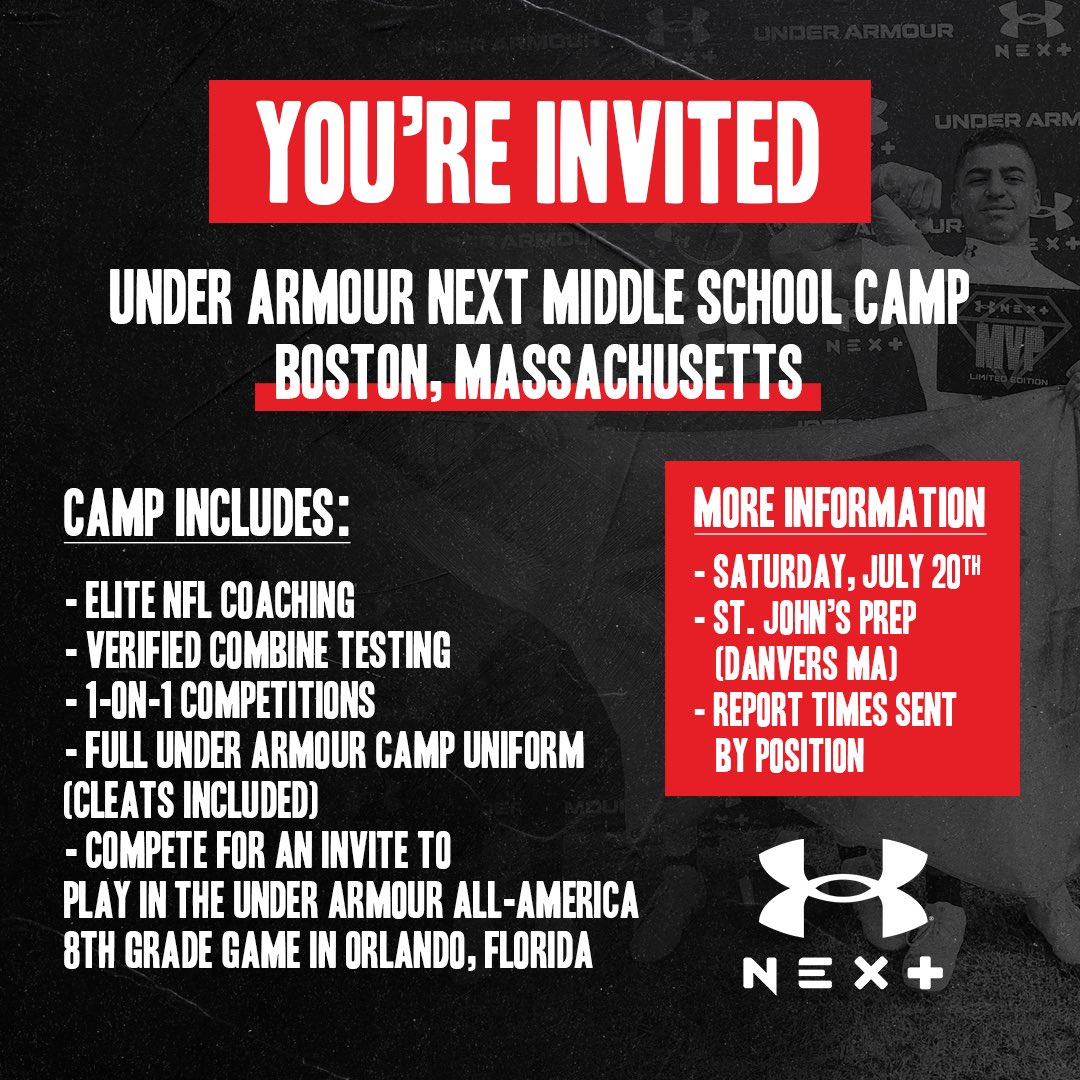 Boston, we’re looking for the best middle school athletes in the area to come compete this summer at UA Next Camp 👀 Elite coaching, camp gear, the chance to earn an invite to the Under Armour All-America 8th grade game, and more 📈 #UANext REGISTER: register.allamericafootball.org/site/register/…