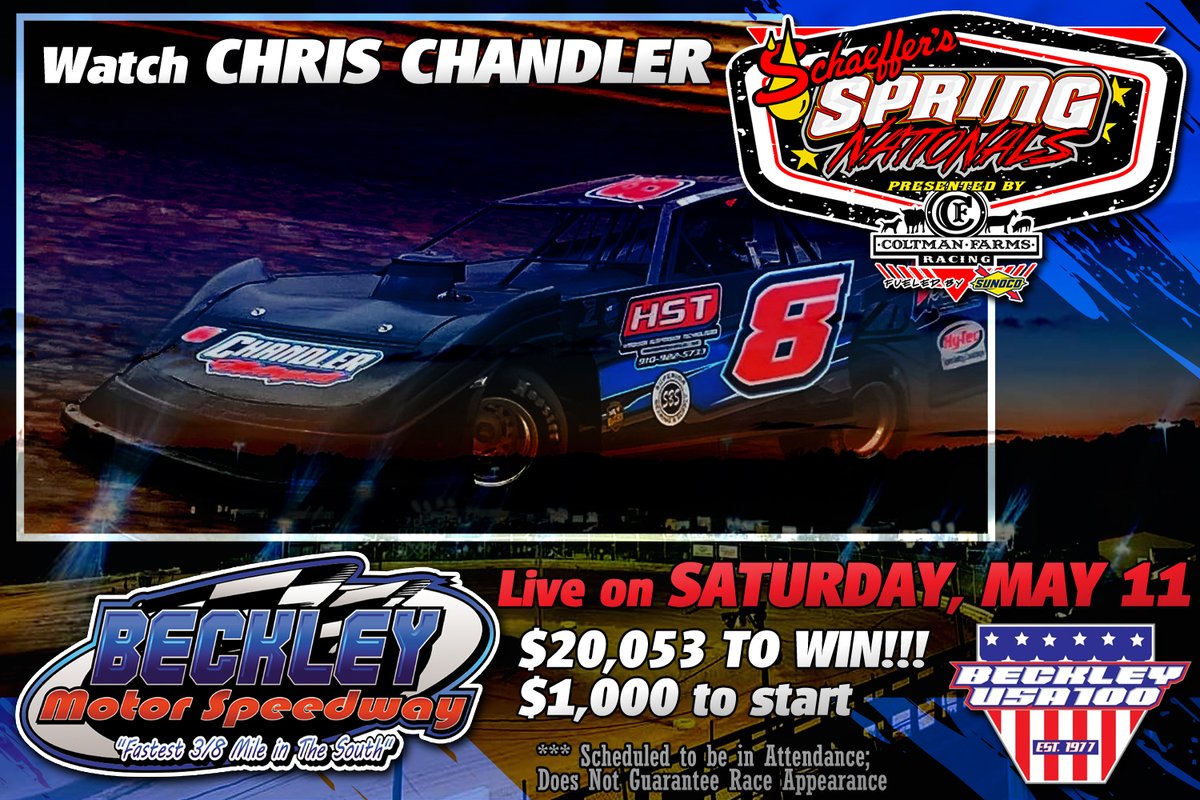 Watch Chris Chandler vie for the $20,053 top prize with the @SchaefferOil #SpringNationals in the annual Beckley USA 100 on Saturday, May 11 at Beckley Motor Speedway! If you are unable to make the trip to Mount Hope, West Virginia, watch every lap LIVE on @FloRacing. 🏁