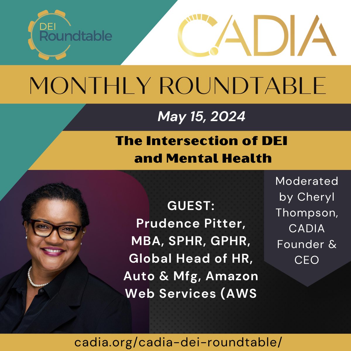 Next week the CADIA DEI Roundtable will meet to discuss 'The Intersection of DEI and Mental Health' Join us! #POVfromPrudence 

Request a guest invitation at lnkd.in/gZheY7bJ

#DEI #DiversityEquityInclusion #MentalHealth #MentalHealthAwareness #DrivenByDiversity #CADIA