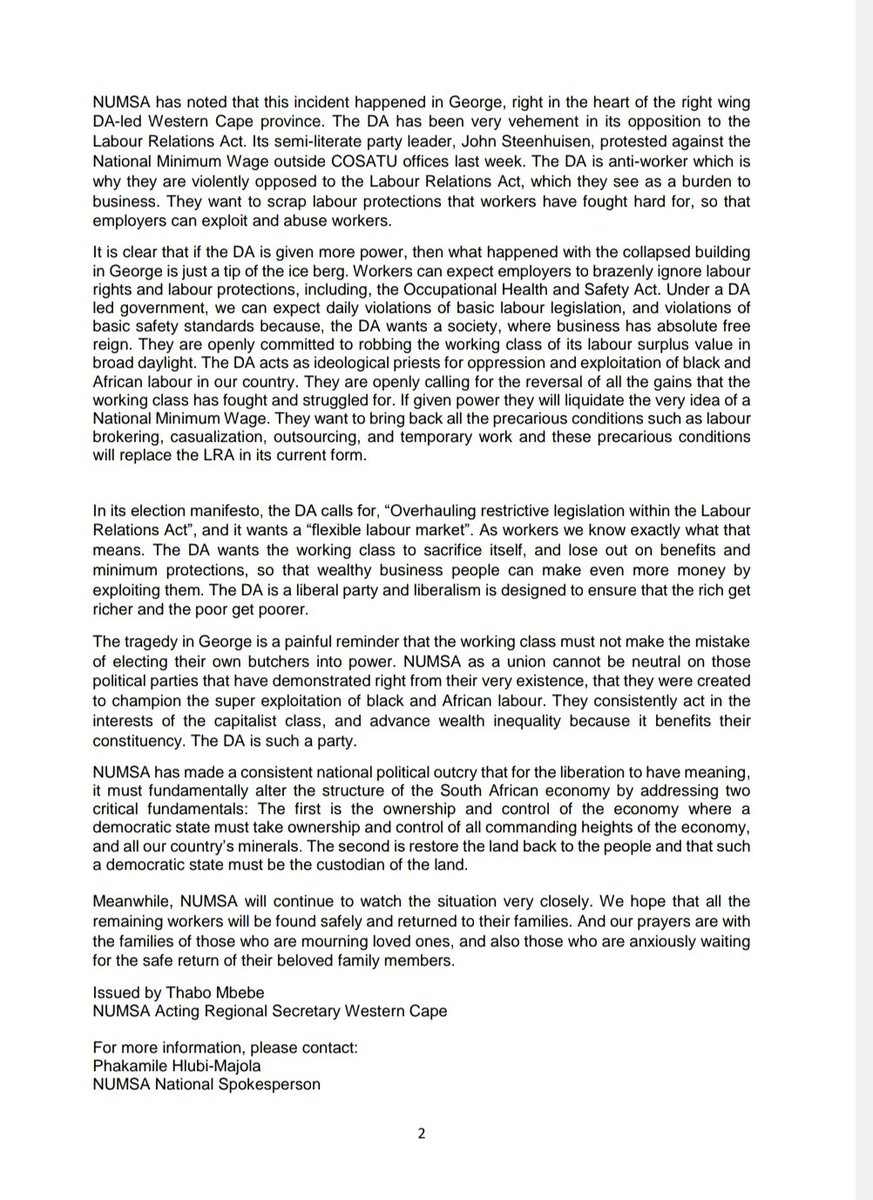 NUMSA sends its condolences to the family and friends of those who died in the #George Building collapse. We are also warning that the DA is anti-workers and anti-protections for workers incl OHS and LRA. Workers rights will be undermined under the DA so vote wisely. @IrvinJimSA