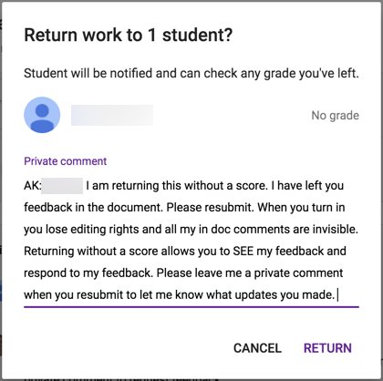 On #googleClassroom, I aim to give actionable feedback to my students to help them learn better. To do this, I must return the assignment before giving a score. Any feedback in the document is invisible to the student, and they cannot edit it until I return it. #googleEDU